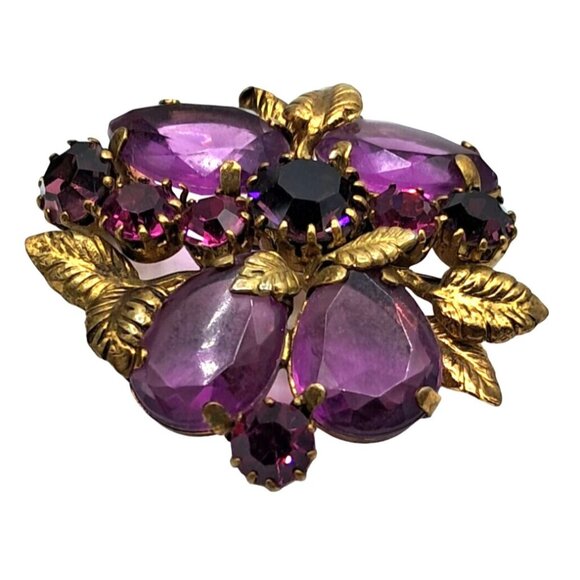 Austria Rhinestone Brooch Pink Purple Gold Tone Leaves Pin Vintage Costume Jewel - Picture 2 of 11